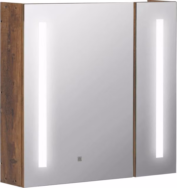 Specchiera da bagno moderna con luci LED integrate, 2 ante con chiusura soft-close e mensole interne, Marrone, L: 70 cm, H: 65 cm, P: 15 cm – 1