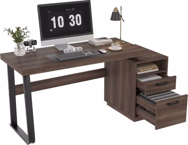Scrivania 135x54 cm in MDF e metallo marrone， con contenitore integrato