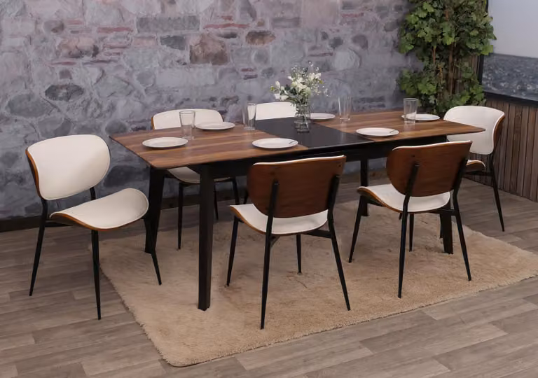 Set di 6 sedie da pranzo, modello HWC-O45, realizzate in legno multistrato con rivestimento in ecopelle (280g/m²), , finitura effetto noce, colore bianco