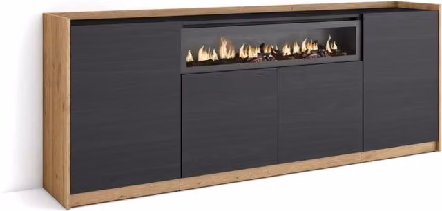Credenza, Mobile, Cucina, 207x80x37 cm, 4 Porte, Camino elettrico, Nero e rovere