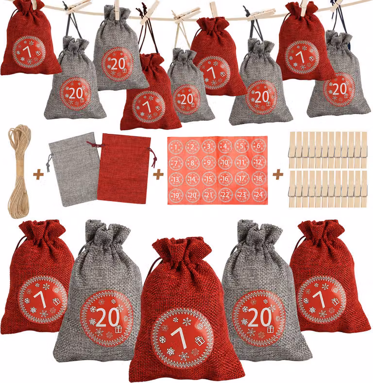 Jopassy 24 calendari dell'avvento da riempire, calendario dell'avvento in tessuto con 1-24 sacchi di iuta, rosso/grigio