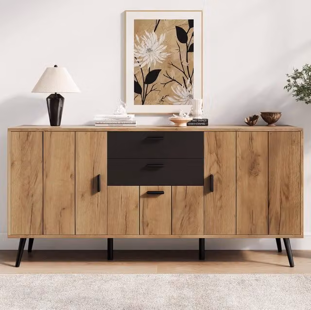 Credenza sideboard MODFU in MDF nero e marrone con 2 cassetti soft-close e 3 ante, L/P/H: 140 x 35 x 67 cm