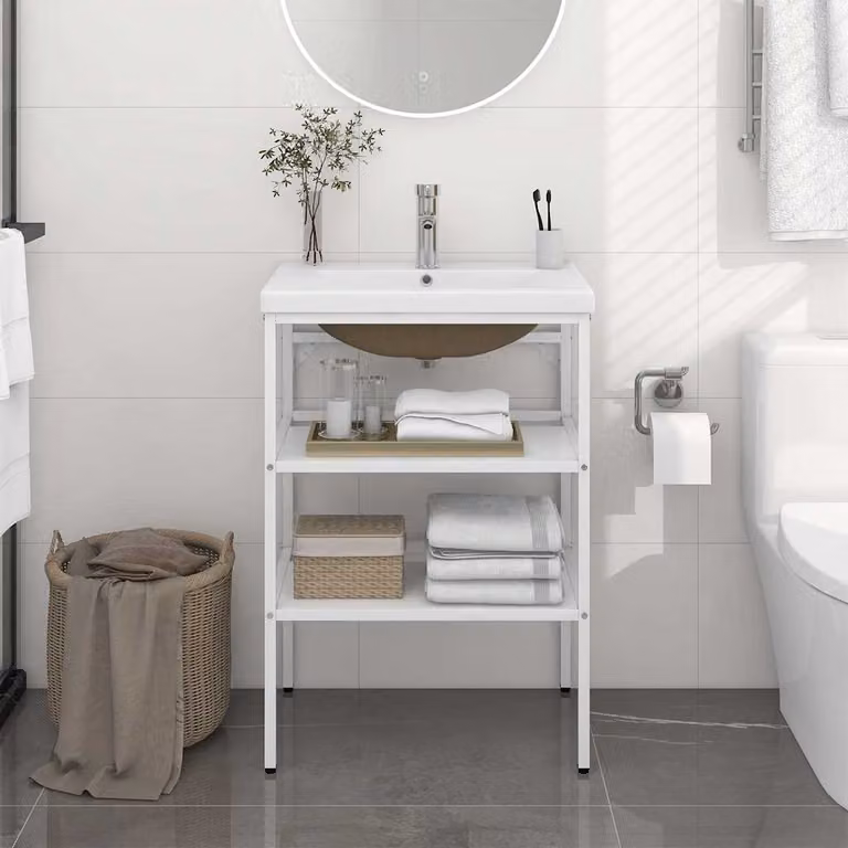 vidaXL Telaio per Lavabo da Bagno con Lavabo Integrato in Ceramica e Metallo Bianco, Design Moderno a Parete