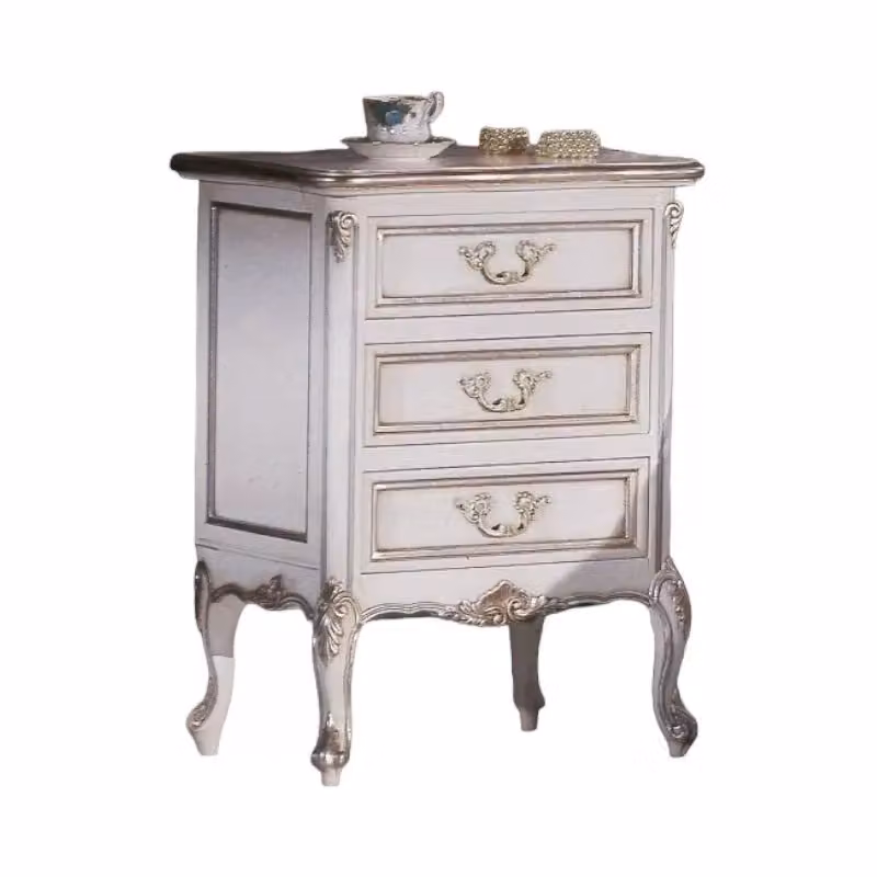 Gruppo cassettiera e comodini con 3 cassetti in stile shabby chic bianco e argento Mobili 2G – 1