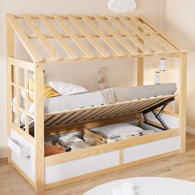 Letto casetta per bambini 90 x 200 cm con tetto; finestra e contenitore idraulico; bianco e naturale