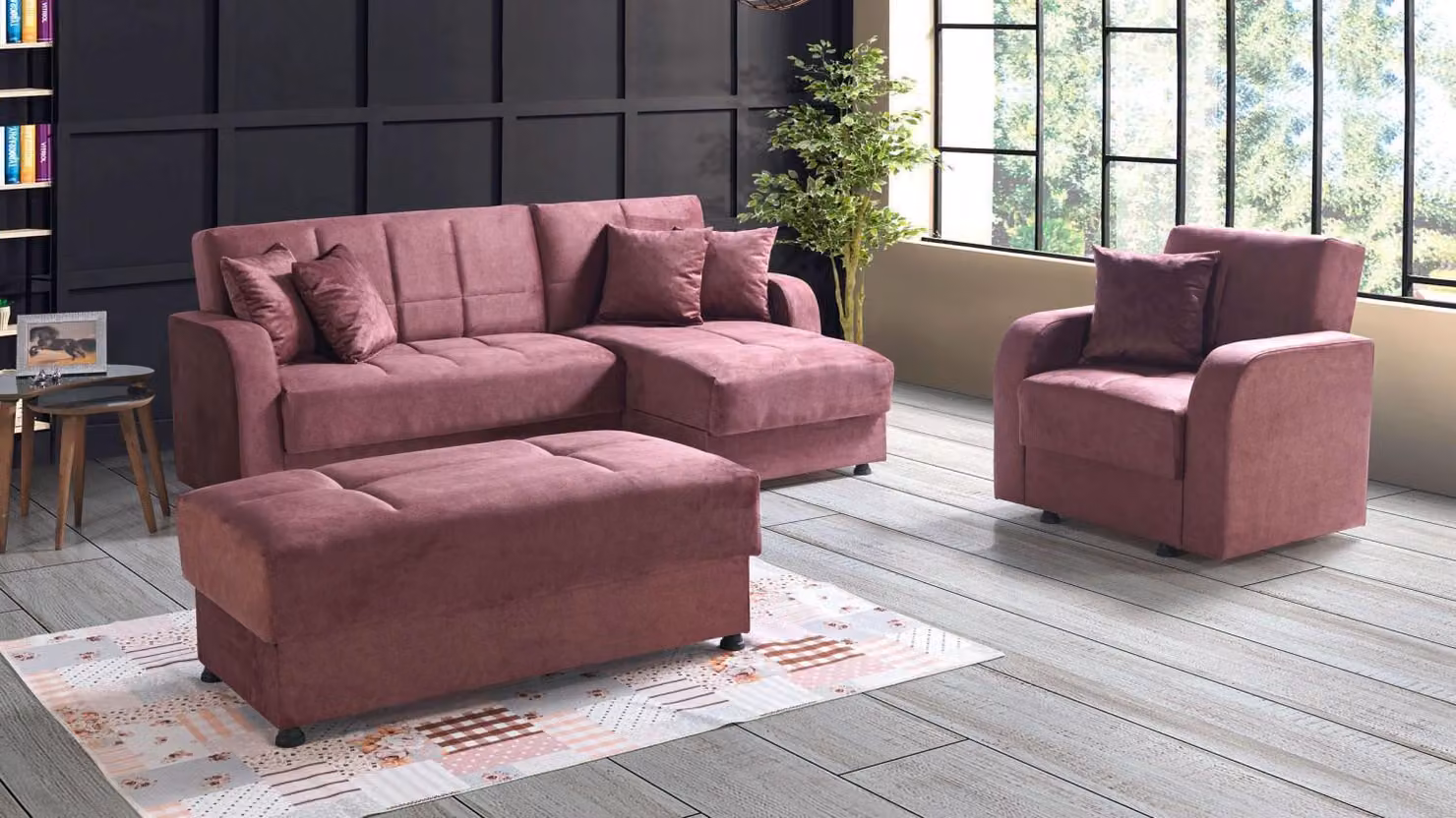 Luxus Wohnzimmer Set Sessel Ecksofa Hocker L-Form Modern Set Komplett Relax