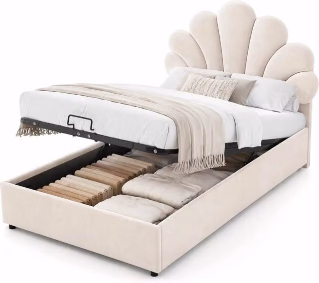 Letto singolo imbottito 90x200 cm con contenitore idraulico e rete a doghe; beige