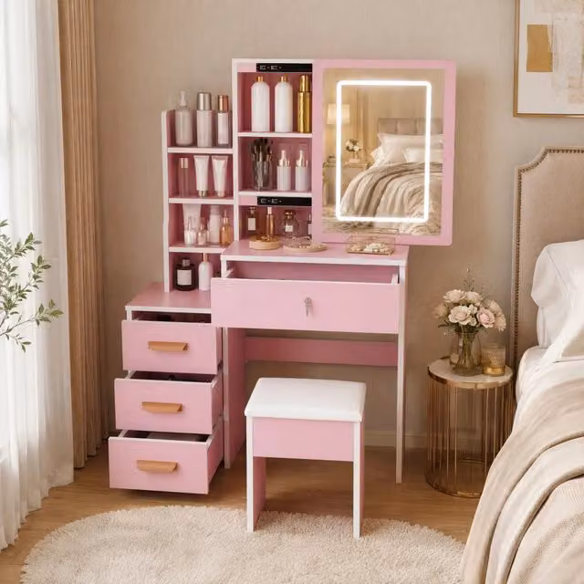 Tavolo da trucco MODFU con specchio LED e 4 cassetti in MDF rosa L: 130 cm, P: 36 cm, H: 85 cm