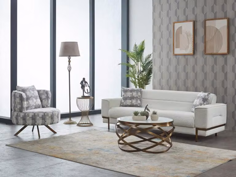 Komplette Couchgarnitur Dreisitzer Stoff Polstersofa Weiß Sessel 2tlg