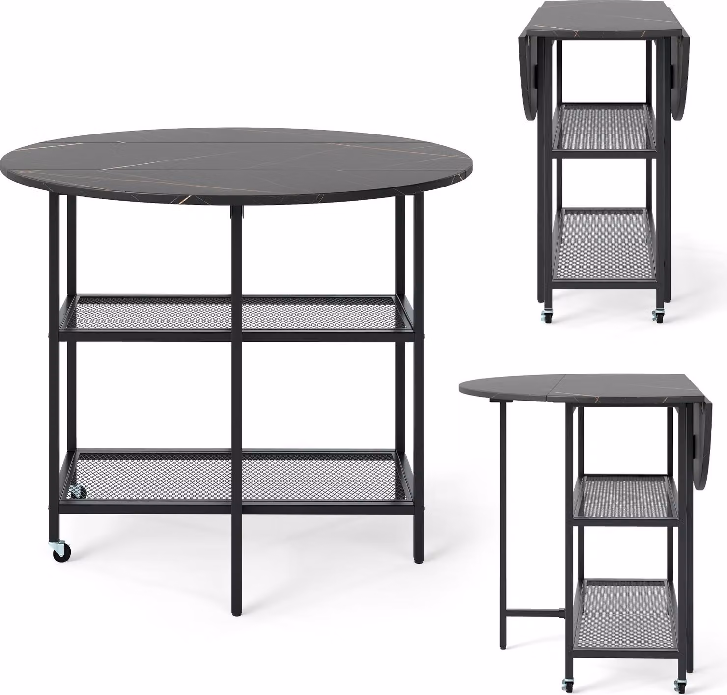 COSTWAY Tavolo da pranzo pieghevole, tavolo mobile pieghevole per 2-4 persone, tavolo da cucina con 2 vani portaoggetti, tavolo da sala da pranzo in marmo, tavolo rotondo nero