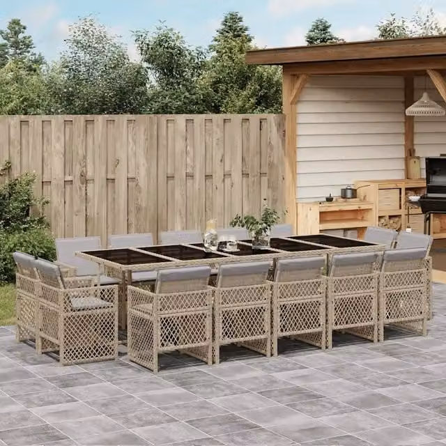 Set Pranzo da Giardino vidaXL in Polyrattan con Cuscini Beige, Nero e Grigio, 15 Pezzi