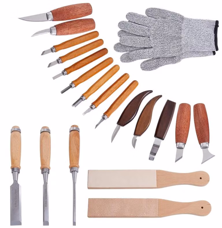 Kit di strumenti per intaglio del legno - 7 pezzi: utensili da taglio, 6 utensili di precisione, pietra per affilare, impugnature antiscivolo, guanti di sicurezza