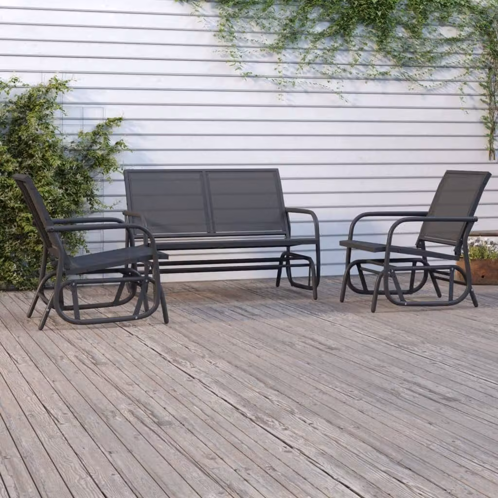 Set Mobili a Dondolo da Giardino e Terrazzo vidaXL in 3 Pezzi, Nero, Acciaio e Textilene