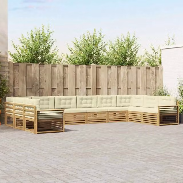 Set di divani da giardino a forma di L vidaXL in legno di acacia color beige con cuscini inclusi