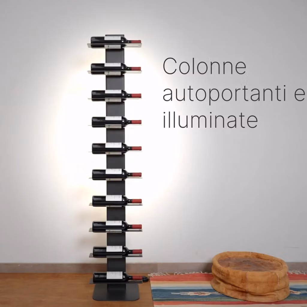 Porta vino a colonna autoportante ALUBOX VIRGO con illuminazione integrata, 10 mensole in alluminio, H 167 x L 34 x P 30 cm – 2