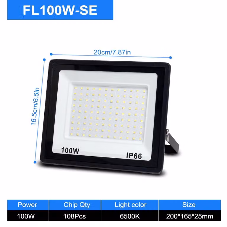 Faretto a LED per illuminazione esterna - Modello SE da 100W - Chip LED 2835 - Angolo di emissione ampio a 180° - Grado di protezione IP66 (resistente all'acqua) - Driver integrato DOB - Alimentazione AC 220V - Corpo in alluminio