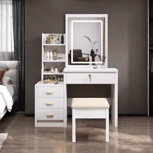 Toeletta, con sgabello imbottito, specchio, illuminazione LED regolabile a tre colori, 4 cassetti, bianco