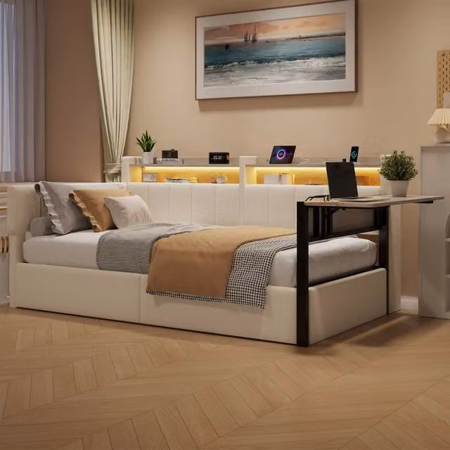 Letto a divano 90x200 cm; letto contenitore idraulico; LED; ripiano ribaltabile; comodini intercambiabili; porta USB; velluto; bianco