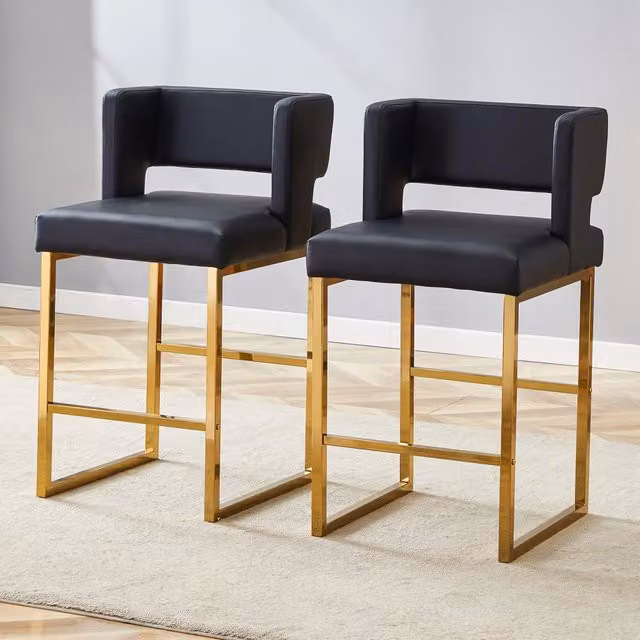 Set di 2 sedie da bar Zephmum in stile nordico con seduta in ecopelle nera e gambe in metallo oro