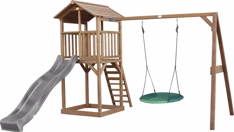 AXI Beach Tower parco giochi in legno in marrone | Torre di gioco per bambini con sabbiera, altalena a nido e scivolo grigio | Casa per bambini su palafitte per il giardino