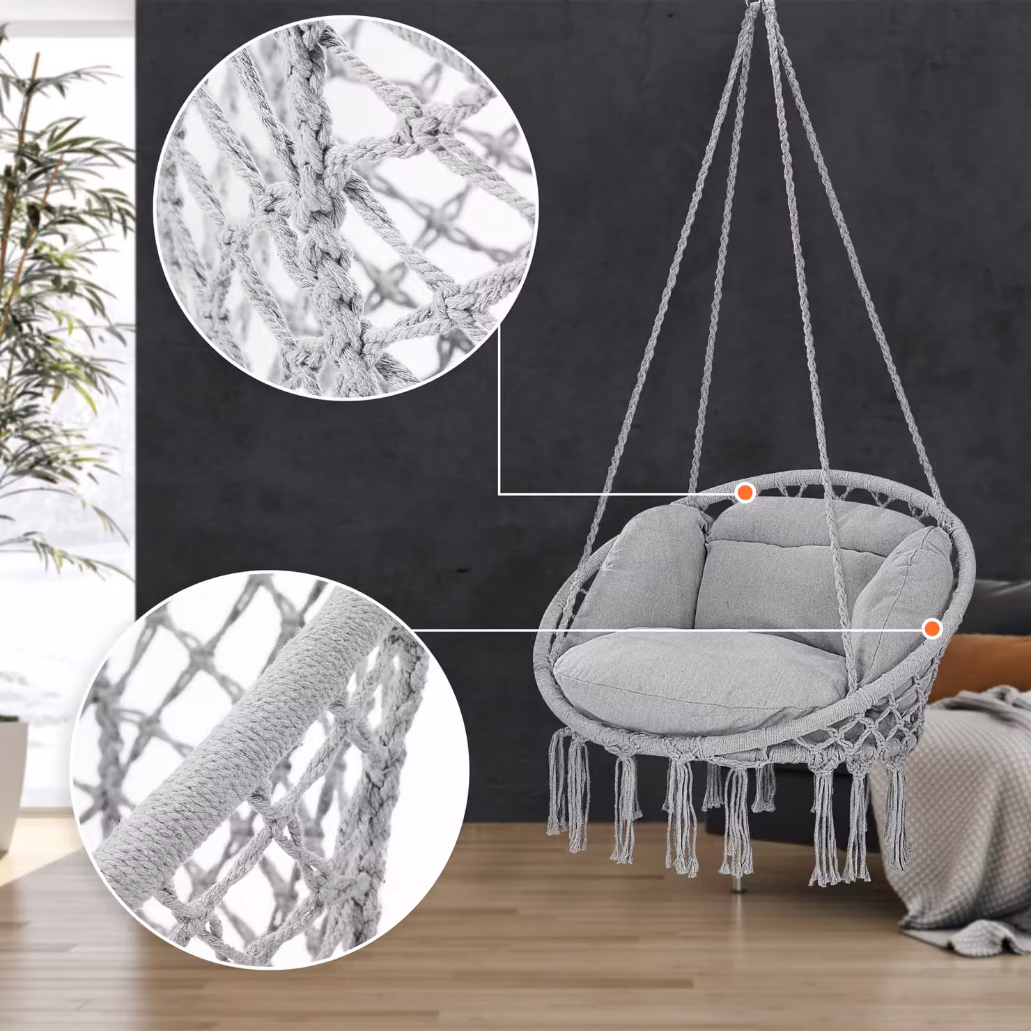 Poltrona sospesa DETEX in stile boho con struttura in acciaio e cuscini inclusi, colore grigio, L: 80 cm, P: 60 cm, H: 140 cm – 2