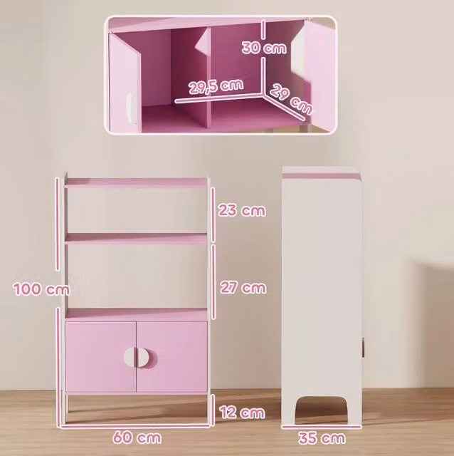 Libreria per bambini rosa con vani e ante, 60x35x100 cm