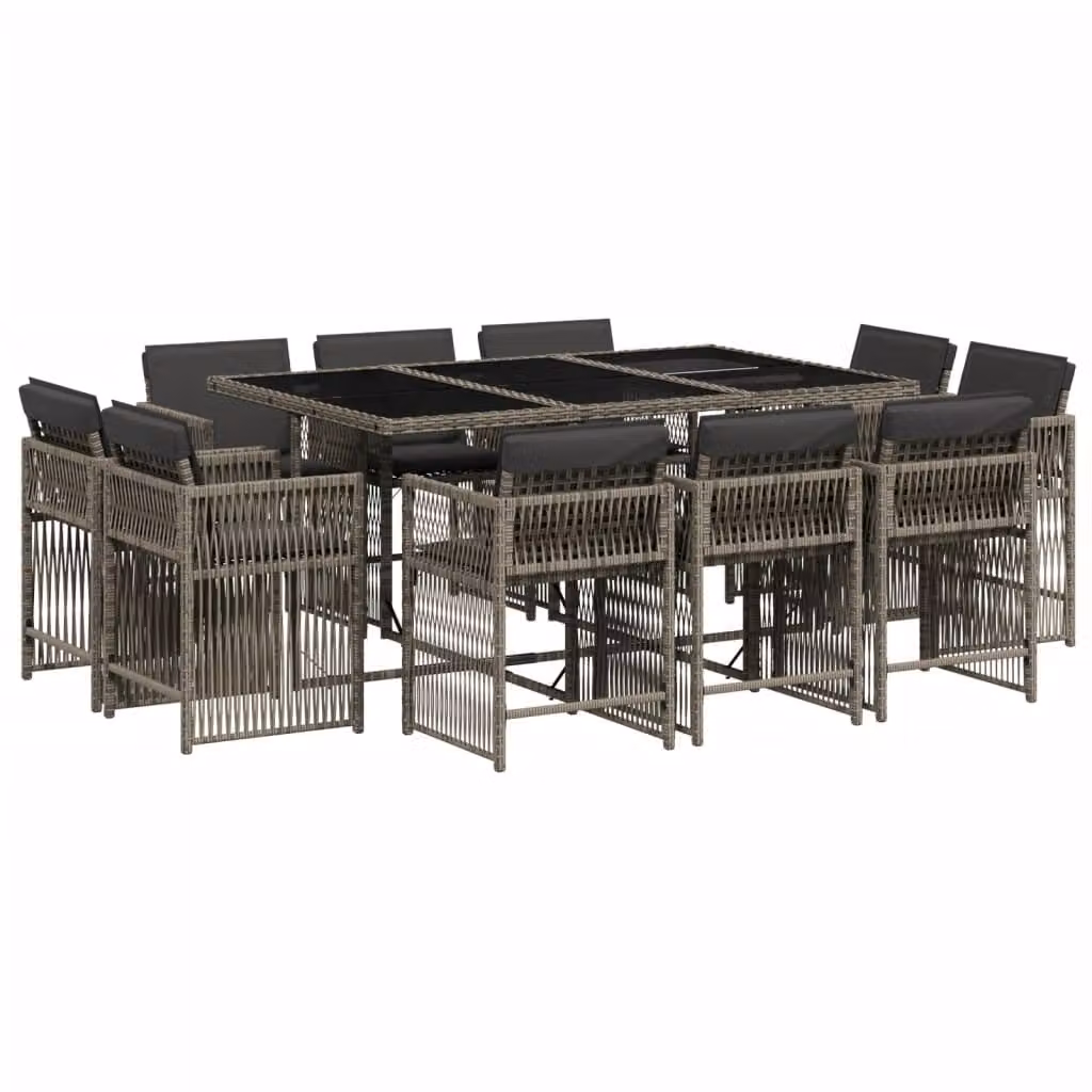 Set da Pranzo da Giardino 11pz con Cuscini in Polyrattan Grigio