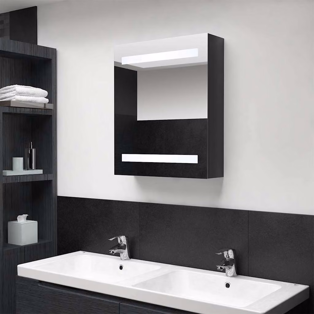 Armadietto da bagno con specchio e illuminazione LED vidaXL Nero Lucido L: 50 cm, P: 14 cm, H: 60 cm