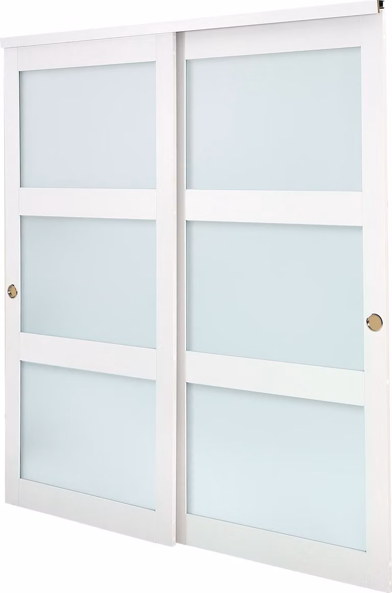 SucceBuy porta scorrevole 1829 mm x 2032 mm (adatta alle dimensioni dell'apertura), porte scorrevoli bypass in vetro satinato con set di accessori, legno massiccio e pannello MDF con rivestimento in PVC idrorepellente per armadi Bianco