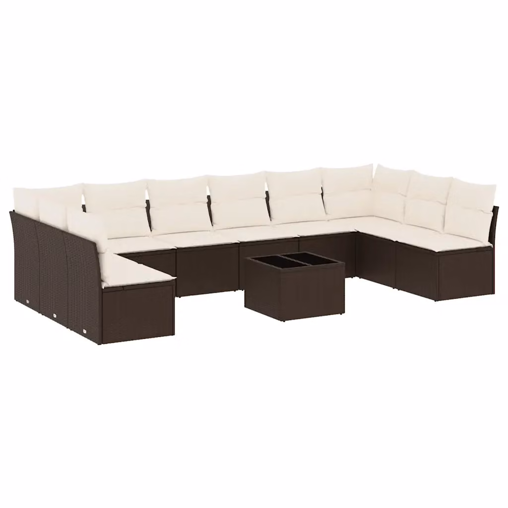 Set di divani da giardino vidaXL 11 pz in polyrattan marrone con cuscini bianchi e tavolino da esterno – 2