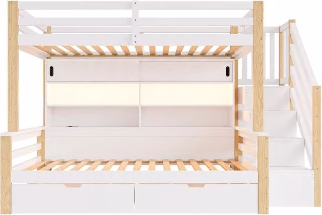 Letto a castello 90 × 200 cm e 90 × 200 cm, 2 posti, scala contenitore, LED, USB e porta Type-C, senza materasso