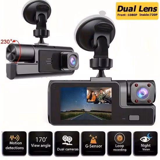 Dashcam per auto con doppia funzione di registrazione per sedili anteriori e posteriori | Telecamera anteriore da 1080p e telecamera posteriore integrata da 720p, grandangolo da 170°, visione notturna, dashcam compatta, monitoraggio del parcheggio 24 ore