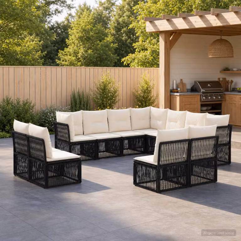 Set Divano da Giardino vidaXL a forma a U in Polyrattan Nero con 11 Pezzi e Cuscini Inclusi