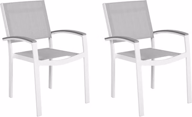 Set di 2 sedie da giardino Beliani in alluminio verniciato grigio e bianco con seduta in textilene impilabili e con braccioli