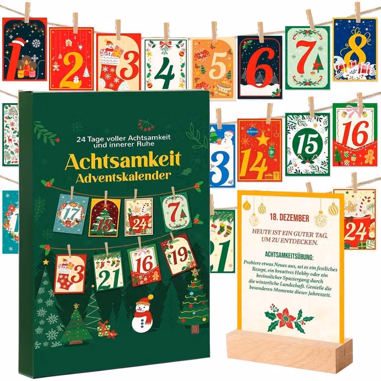 Calendario dell'Avvento per la consapevolezza 2025: 24 carte, con graffette in legno
