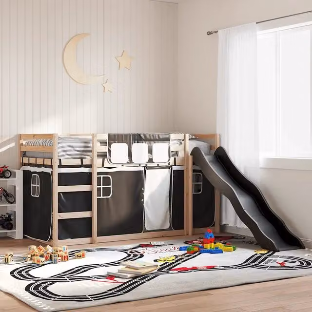 Letto a castello con scivolo e tende vidaXL in legno di pino per bambini Bianco, Nero e Antracite L/P/H: 200 x 80 x 113 cm