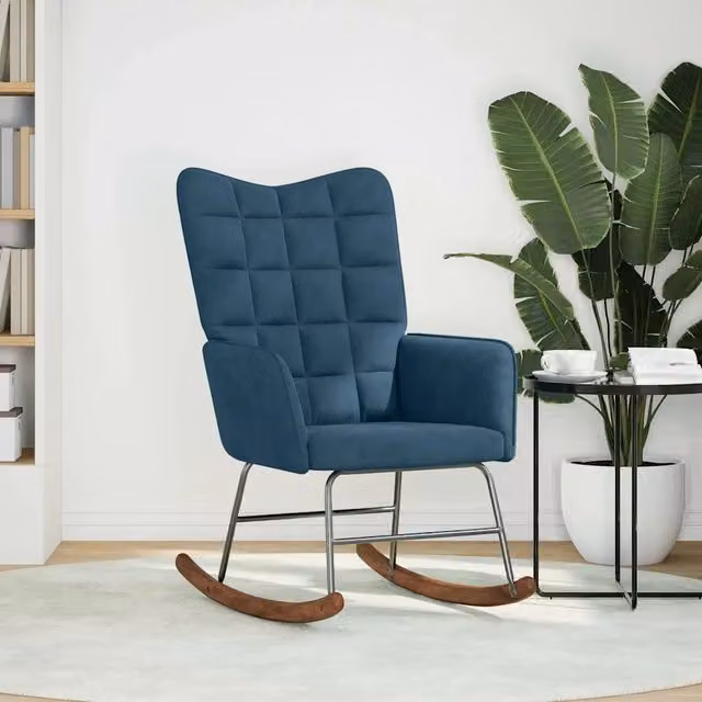 Sedia a Dondolo Blu in Velluto con Braccioli e Struttura in Legno e Metallo CFW2220666