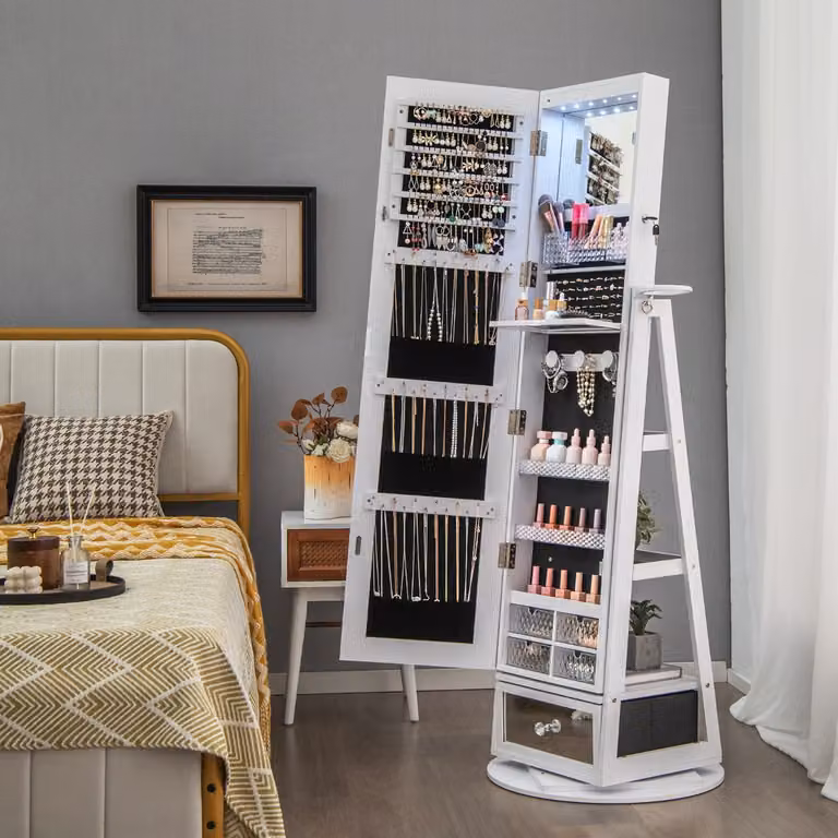 Armadietto portagioie girevole a 360° Costway con specchio lungo e luci LED, colore bianco