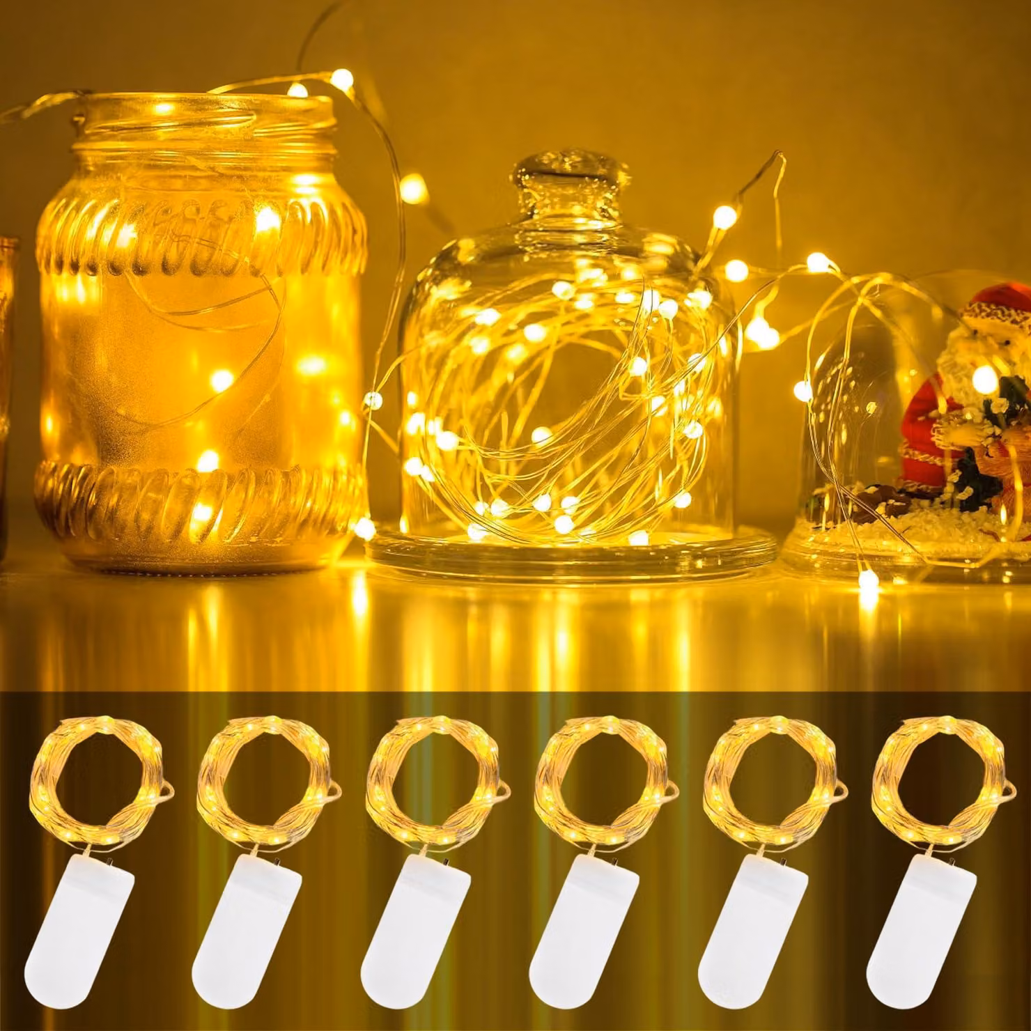 Catena luminosa a LED, set da 6, lunghezza 2 metri, 20 lampadine, alimentazione a batteria, luce bianco caldo