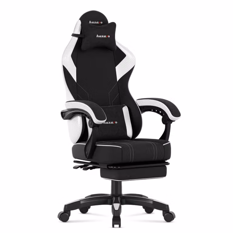 Sedia da gioco Huzaro Force 3.7 bianca, schienale regolabile, cuscino lombare e cervicale, poggiapiedi, braccioli morbidi, rotelle silenziose