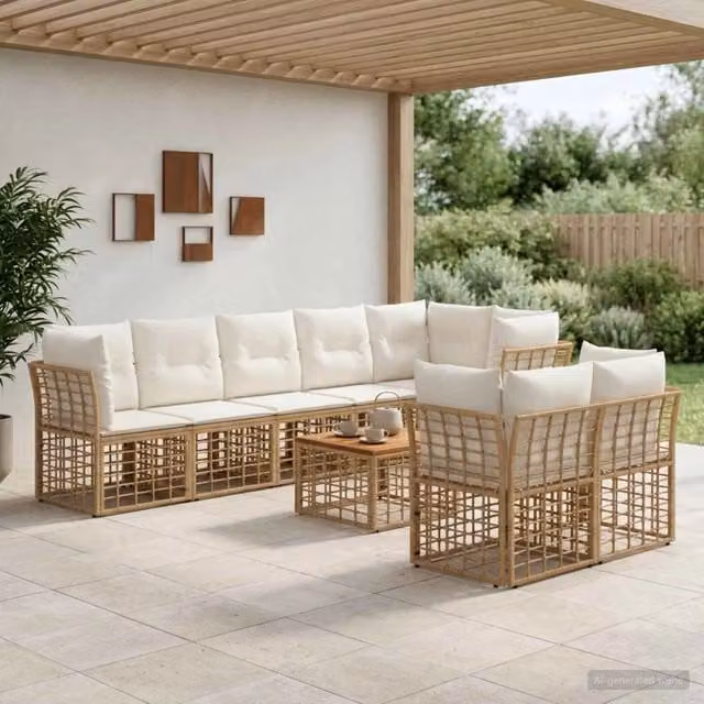 Set di divani da esterno 9 pz Naturale e Bianco Crema 3437516