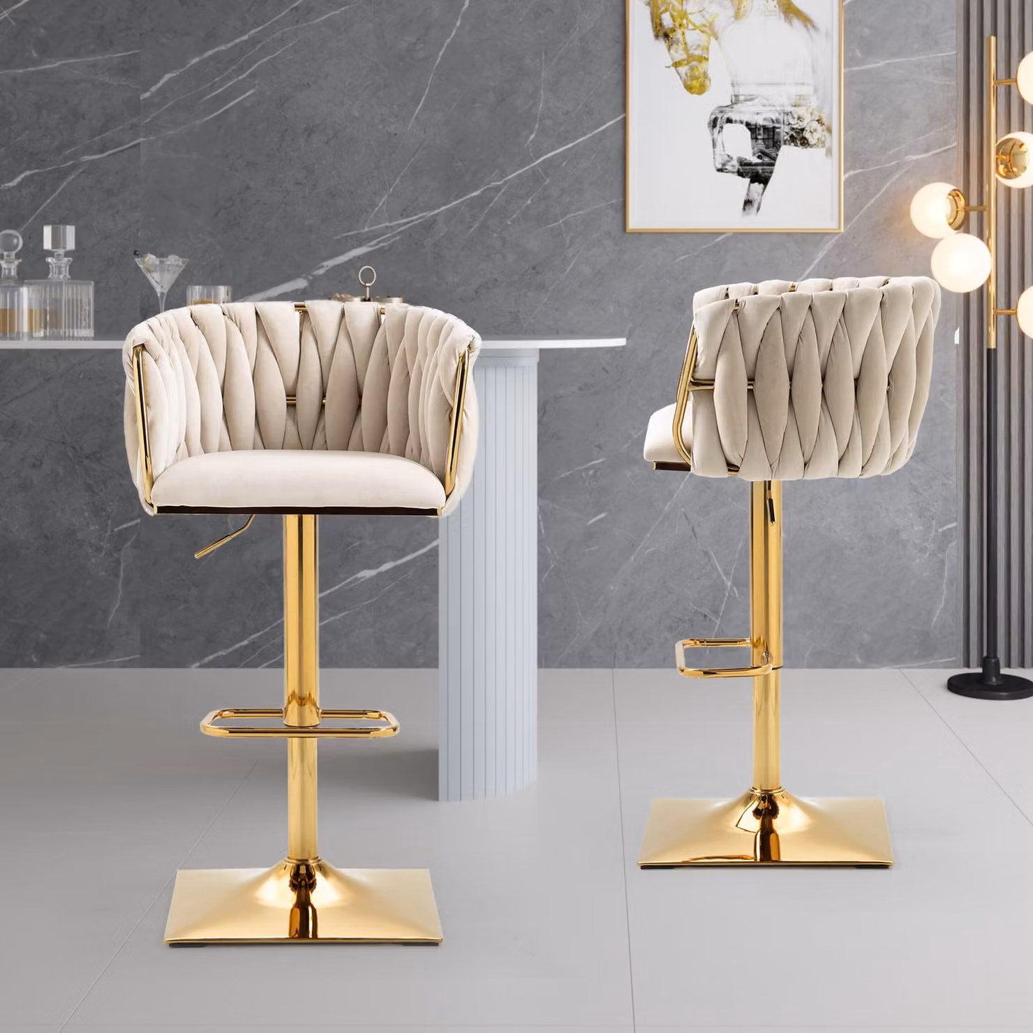 Set di 2 sedie da bar retrò okwish Comoda sedia girevole Sedia da pranzo con bancone e schienale alti e poggiapiedi Avorio