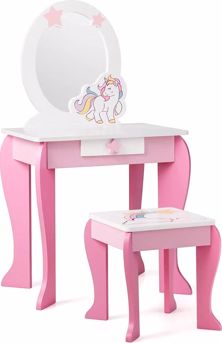 COSTWAY Tavolino da toilette per bambini con sgabello, tavolino da toilette per principesse con cassetto e specchio rimovibile, tavolino da toilette rosa, tavolino da trucco per bambine dai 3 ai 7 anni (rosa)