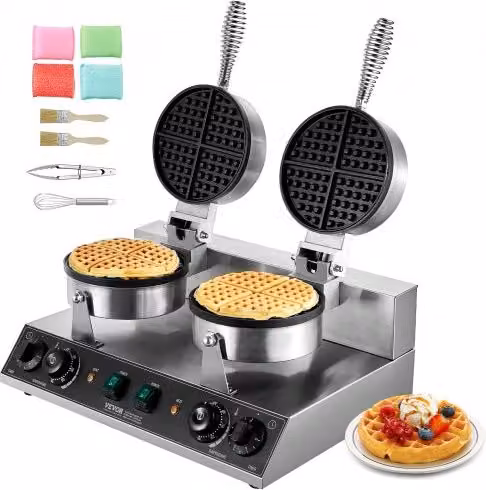 VEVOR Macchina per Waffle Commerciale Rotonda a Doppia Testa, Piastra per Waffle Belga in Acciaio Inox Argento con Timer e Controllo Temperatura, 2460 W