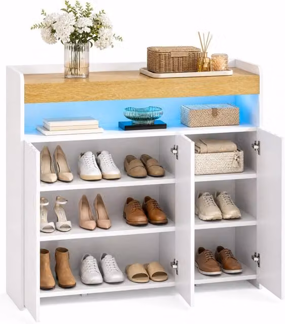 Credenza moderna bianca con 3 ante, vano aperto e illuminazione LED integrata - L: 105 cm, P: 33.5 cm, H: 76 cm