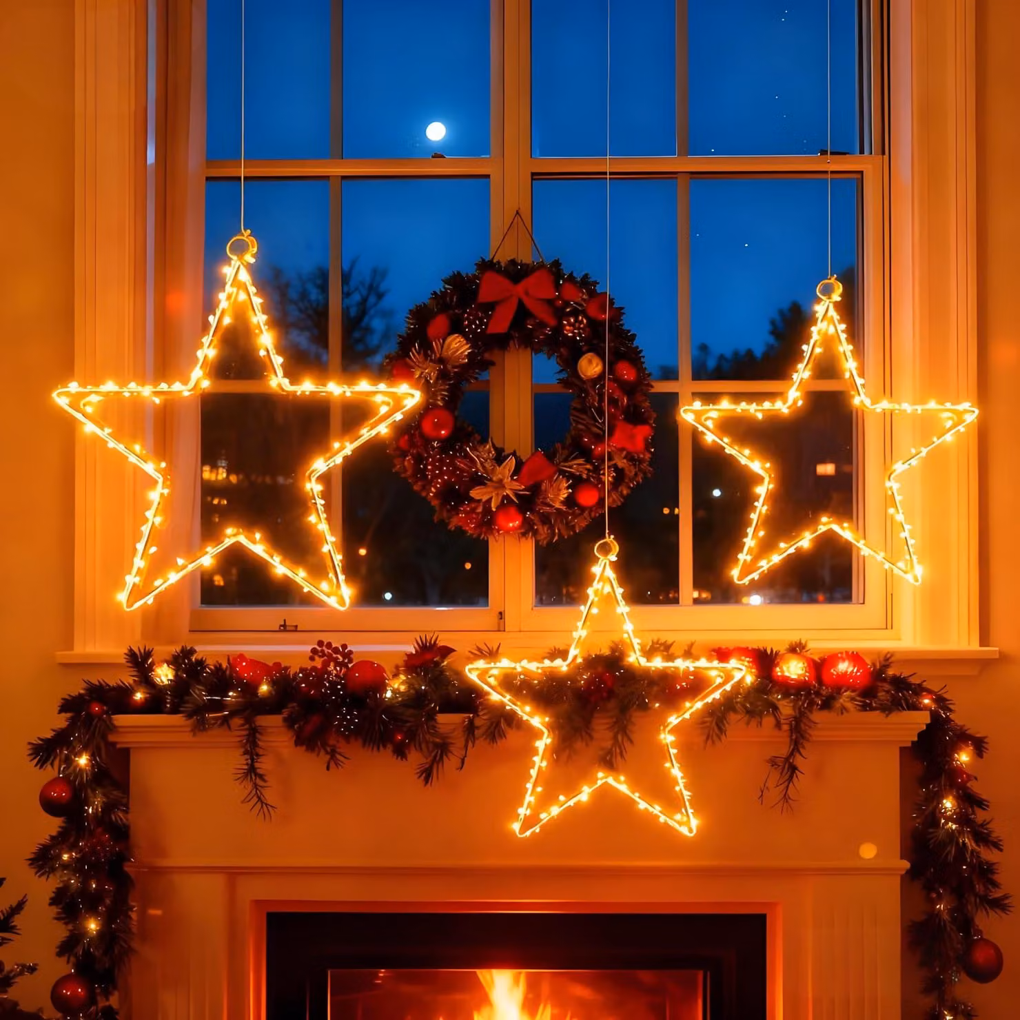 Confezione da 3 stelle di Natale con 20 LED, illuminazione per finestre, alimentazione a batteria, con timer