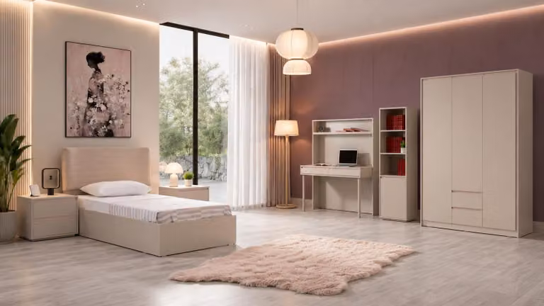 Camera da letto moderna per ragazzi: letto, armadio, comodini, scrivania, libreria