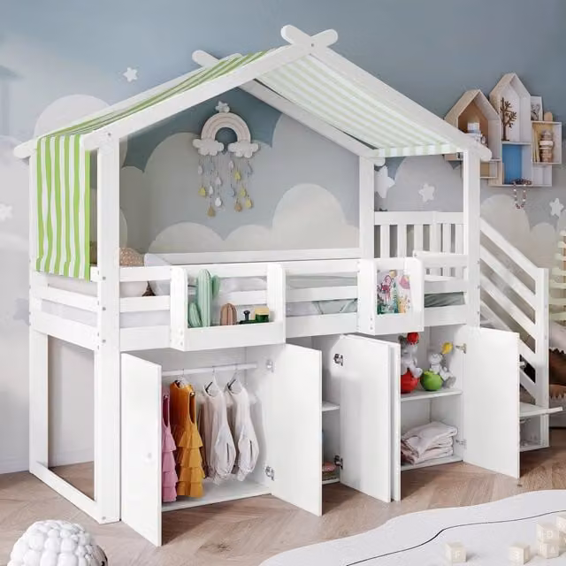 Letto a castello 263x95x213.5 cm con scala contenitore; armadio e vani; legno bianco verde