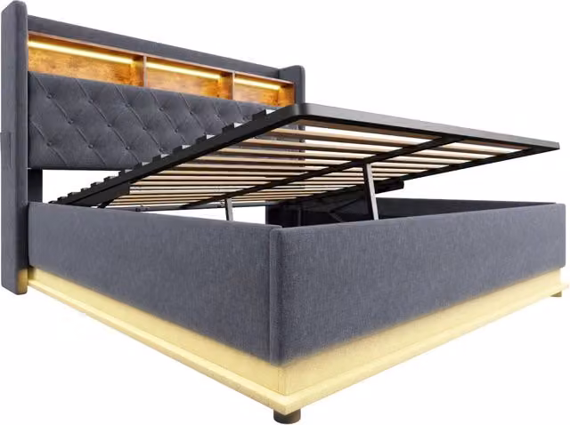 Letto imbottito con LED 160x200 cm con USB, contenitore idraulico e rivestimento in lino grigio