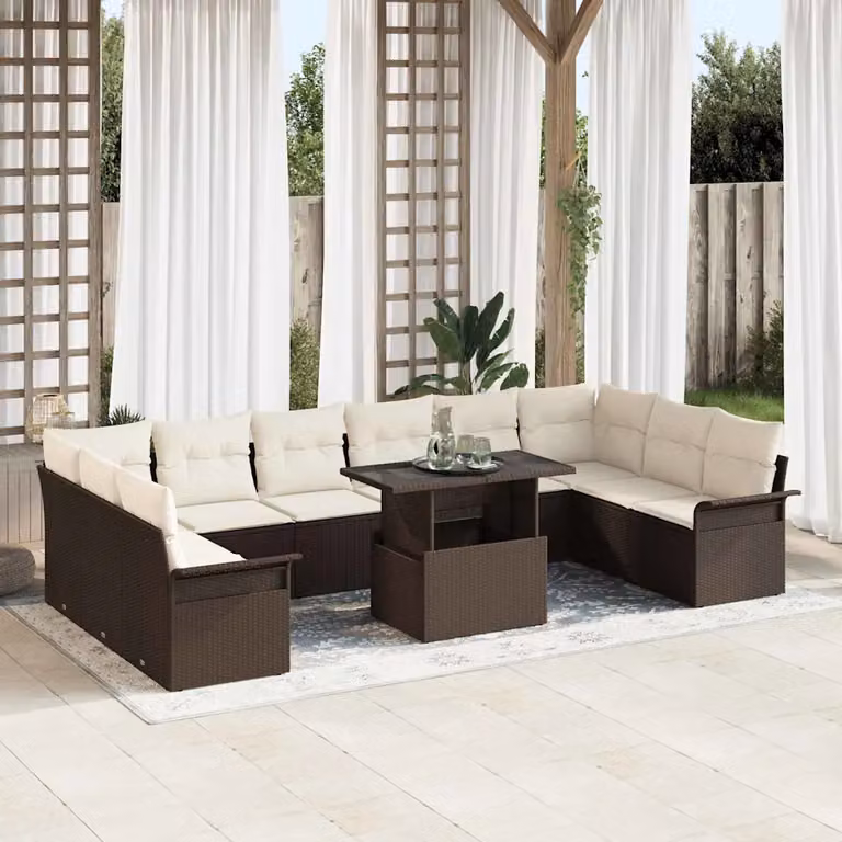 Set Divano da Giardino vidaXL 11 Pezzi Marrone con Cuscini e Tavolino in Rattan e Metallo